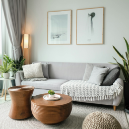 Ruang tamu bernuansa cerah bergaya Skandinavia dengan sofa abu-abu muda, dua meja kopi kayu solid berbentuk unik, tanaman hias di sudut ruangan, serta karpet dan bantal bertekstur.