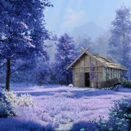 Pemandangan bernuansa fantasi yang menampilkan sebuah rumah kabin kayu klasik dengan gerobak di depannya, dikelilingi pepohonan dan padang rumput yang semuanya berwarna ungu dan lilac surealis, dengan latar belakang pegunungan berkabut.